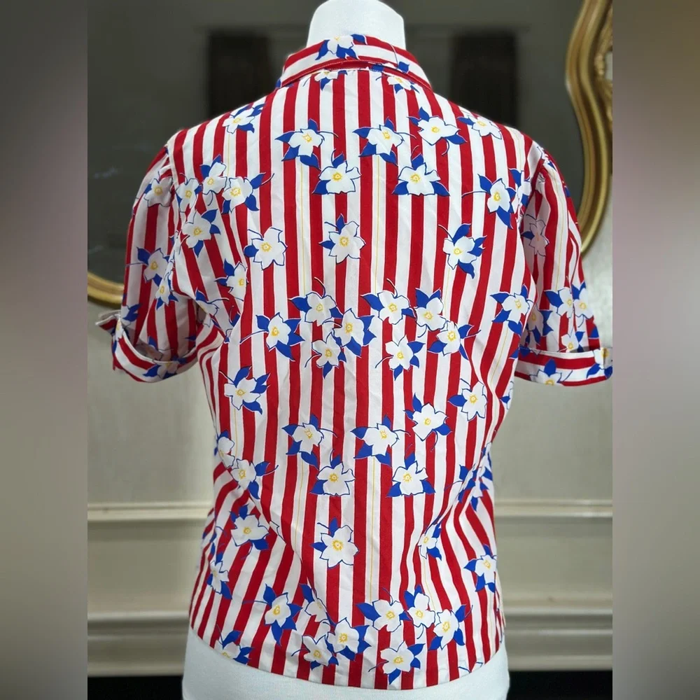 Vintage Silkhana Red White Striped Floral Button-Up Shirt | 80s 90s Blouse M - Picture 6 of 10